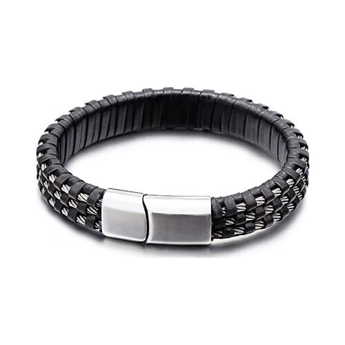 Fashion Vintage Genuine Braied Leather Wrap Bracelet For Men 22cm Stainless Steel Gold Grid Charm Buckle Wristband Jewelry