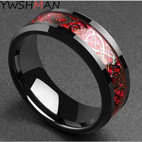 Domineering Man Ring Red Green Carbon Fiber Black Dragon Inlay Comfort Fit Stainless steel Rings for Men Wedding Band Ring