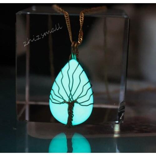 New Luminous stone Water drops Pendant Necklace copper wire winding tree Glow In The Dark Charming Necklace Handmade