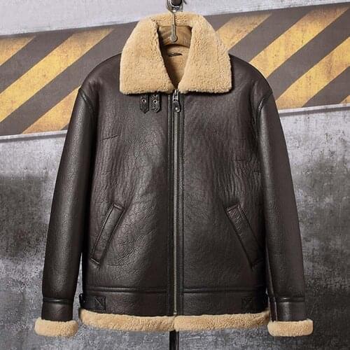 New Mens B3 Sheepskin Shearling Coat Winter Fur Overcoat Brown Motorcycle Jacket