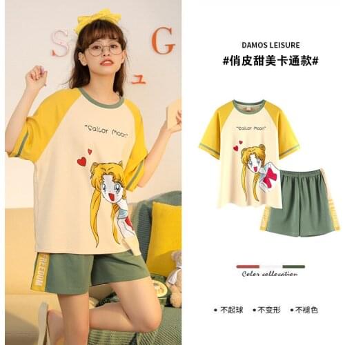 Kawaii Print Womens Pajamas Set Summer Short Sleeve Nightwear Cute Cartoon Female Homewear Loose Casual Sleepwear