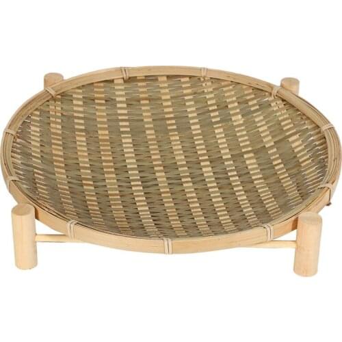 Handmade Woven Bamboo Fruit Basket Food Bread Organizer Kitchen Storage Decorative Round Plate with Bracket