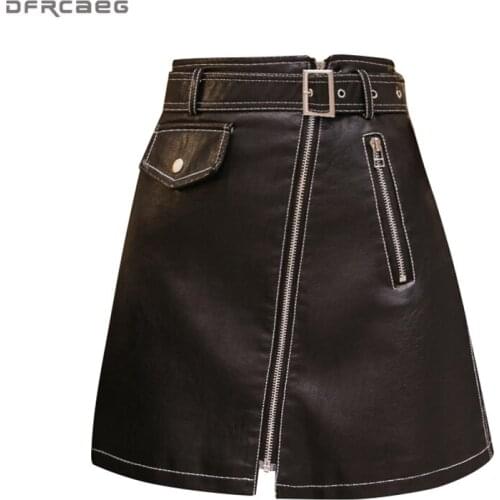 Casual High Waist Leather Skirts For Women 2020 Autumn Winter Harajuku PU A-line Skirt Zipper Pockets With Belt Black Mini Skirt