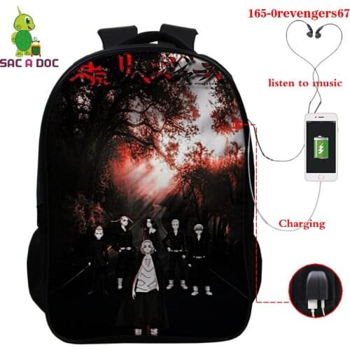 Tokyo Revengers Print Backpack Anime Tokyo Revengers Schoolbag for Girls Boys USB Charging Backpack 16in Travel Bag Men Book Bag