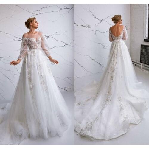 A Line Wedding Dresses Sexy Sheer O Neck Flower Lace Appliques Bridal Gowns Beach Backless Summer Wedding Dress