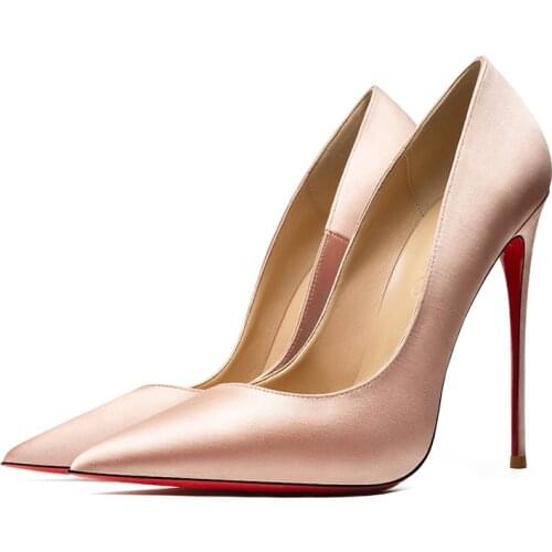 New Silk Satin Women Sexy Pumps Red Bottom Shoes Wedding Party Dress Shoe Pointed Toe Shallow High Heels Stilettos Women Shoes
