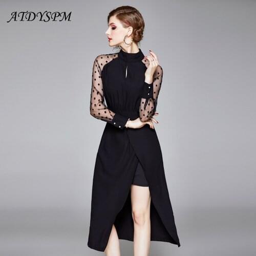 ATDYSPM Vintage Black Dress Women Turtleneck See-through Long-sleeve Sexy Split Dress Female Party Casual Elegant Dress Vestidos