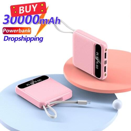 30000mAh Mini Power Bank with Digital Display Fast Charger Built-in Charging Cable Portable External Battery for IPhone Xiaomi