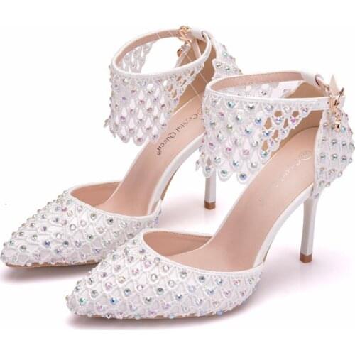 Crystal Queen Rhinestone Pointed Toe Shoes Women High Heels Flower Lace Ankle Strap Sandals Decoration Party Wedding Shoes