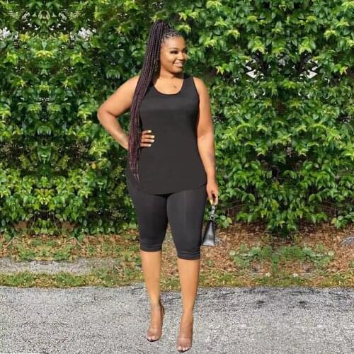 XL-5XL Large Size Oversize Two Piece Pant Suit Women Set Sleeveless O-neck Tank Tops and Knee Length Pant Office Lady Outfits