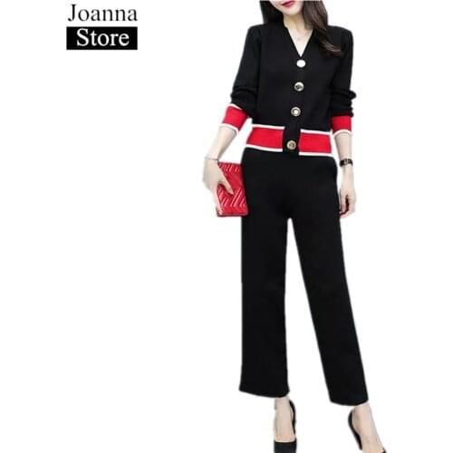 Autumn Women Knit Suits Long Sleeve V-Neck Splice Sweater Jacket Loose Knitted Trousers Ladies Vintage Plus Size Knit Two-Piece