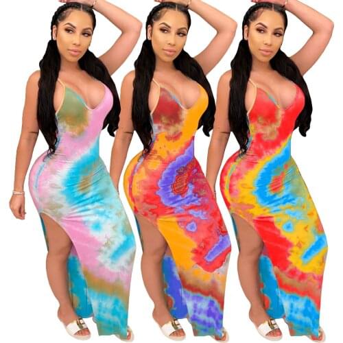 2021 New Women Sexy Backless Spaghetti Strap Tie Dyed Print V-neck Bandage Sexy Long Dress Nightclub