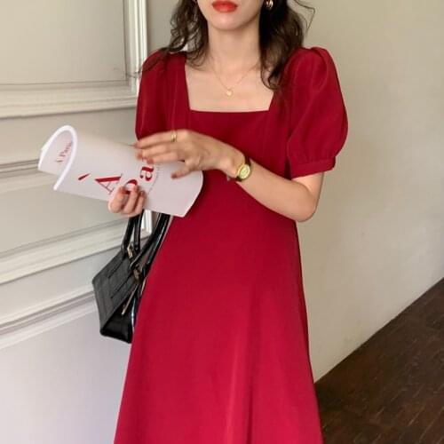 ZCSMLL Korean summer vintage thin square collar leaking dresses clavicle slim waist puff sleeve dress long skirt female