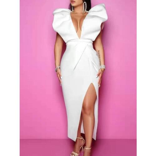 White Dresses Party Sexy Deep V Neck High Waist Slit Bodycon Ruffles Backless Event Occassion Women Celebrate Evening Night Robe