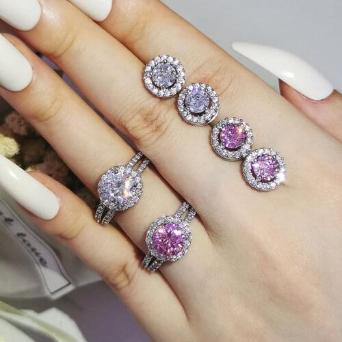 2pcs Pack 925 Sterling Silver Jewelry set halo Engagement ring round stud earring for Wedding christmas gift party J4931