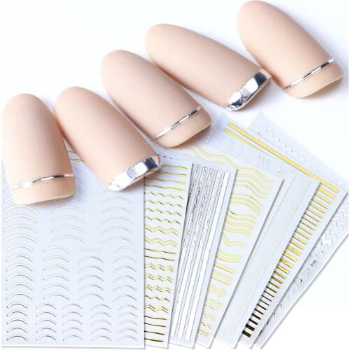 1pcs Gold Silver Sliders 3D Nail Stickers Straight Curved Liners Stripe Tape Wraps Geometric Nail Art Decorations BESTZG001-013
