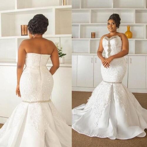 White Full Lace Plus Size Crystal Mermaid Vestidos De Noiva Wedding Dresses Sweetheart Lace Appliques Satin Africal Bridal Gowns
