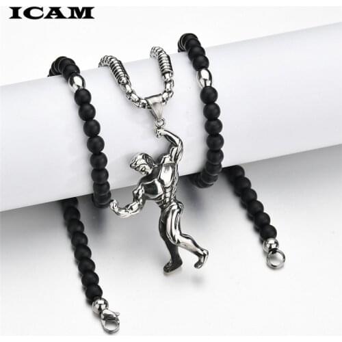 ICAM Strong Pendant Necklaces Long Stainless Steel Muscle Men Sports Fitness Hip Hop Bodybuilding Jewelry For Male Graduation