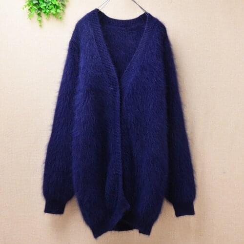 Ladies women fashion V-neck navy blue fuzzy mink cashmere long sleeves angora rabbit wool knitted loose cardigans jacket winter