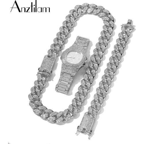 20mm Hip Hop Cuban Link Chain Set Necklace +Watch+Bracelet Miami Chain Sets Iced Out Jewelry Sets For Women Men Jewellery