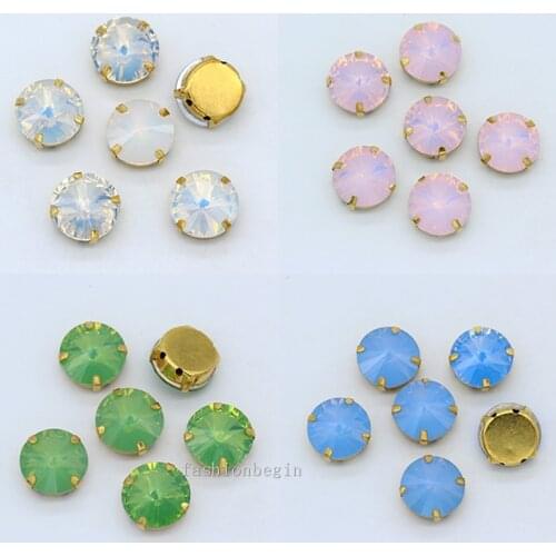 8-18mm Round Rivoli Opal sew on glass stones Flat Back sewing crystal rhinestones jewels Gold plated Beads For DIY Wedding Dress