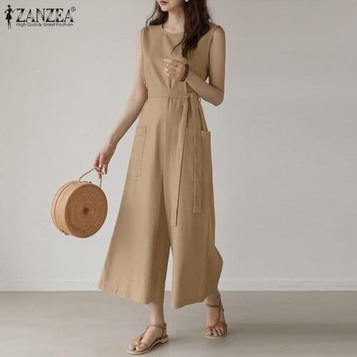 ZANZEA 2021 Summer Pants Kaftan Womens Wide Leg Jumpsuits Sleeveless Playsuits Belted Overalls Female Casual Turnip Oversized