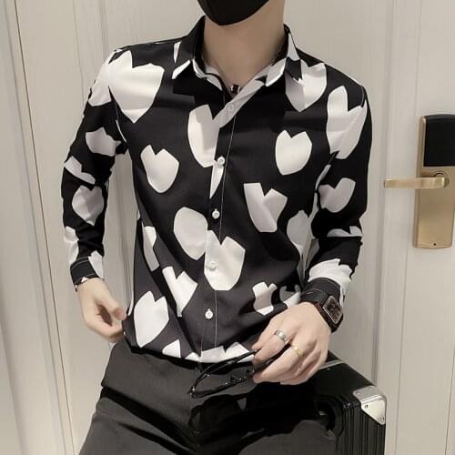 Fashion 2021 Autumn New Love Heart Print Shirt Men Clothing Simple All Match Slim Fit Long Sleeve Casual Blouse Homme Streetwear