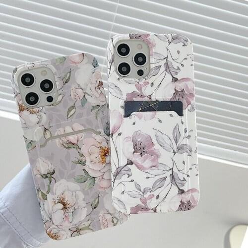 Fashion Flower Leaves IMD Phone Case for iPhone 12 11 Pro XS Max XR 8 Plus SE 2020 Card Money Slots Holder Soft TPU Cover Shell