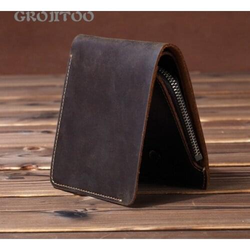 GROJITOO New genuine leather Crazy Horse leather wallet mens short wallet business first layer cowhide coin purse