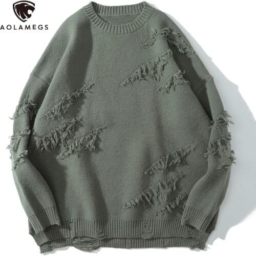 Aolamegs Sweater Men Hole Tearing Jumper Retro Casual For Winter Warm Knitted Tops Oversize Cozy Soft Hip Hop Couple Streetwear