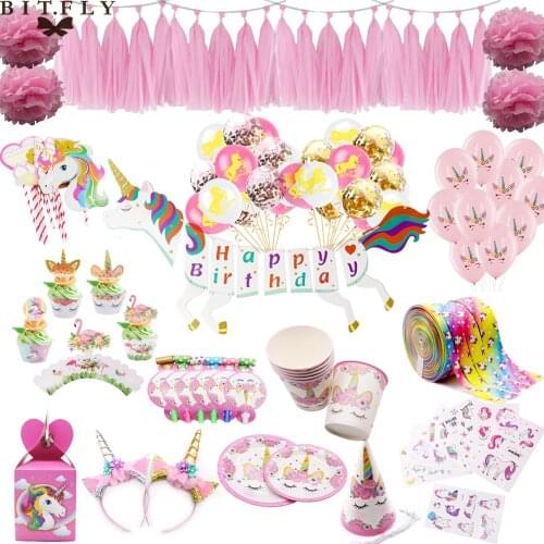 Unicorn Theme Party Supply Disposable Tableware Set Confetti Air Balloon Happy Birthday Baby Shower Wedding Festival Party Decor
