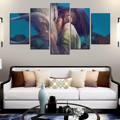 Wall Art Canvas HD Print Poster Home Decor Children Room Pictures 5 Pieces Chihiro Haku Cartoon Spirited Away Painting Framework