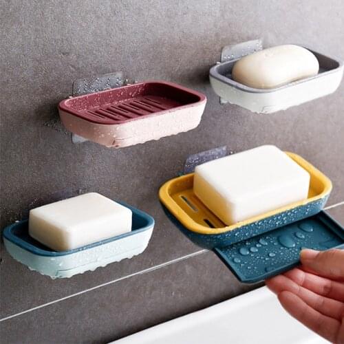 Wall Mounted Self Adhesive Soap Dishes Soap Sponge Storage Box Rack Shelf Double Drain Bathroom Soap Holder Accessories Cocina