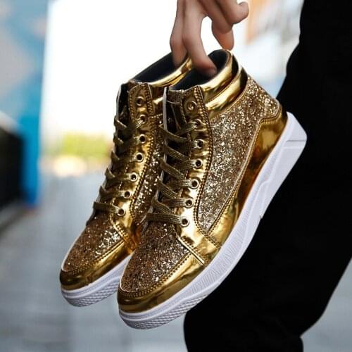 New Fashion Gold Shoes Men Casual Shoes High-top Night Club Sneaker Male Lace-up Sequins Rock Shoes zapatos hombre size 39-45