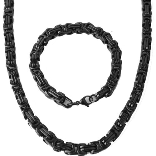 Brand New Fashion Mens Jewelry Set Black Tone Stainless Steel Byzantine Necklace Bracelet 8mm