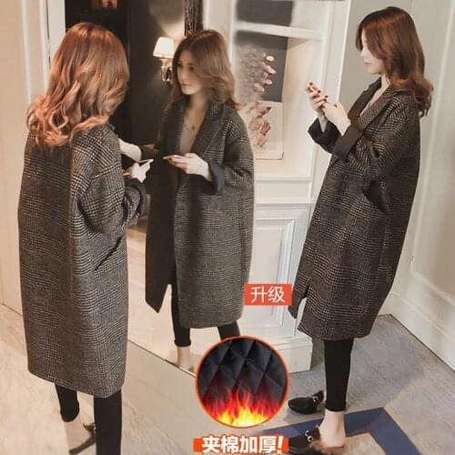 Autumn Winter New Korean Version Medium And Long Thousand Bird Grid Large Wool Coat Women Suit Collar Grid Over Knee Cocoon Coat