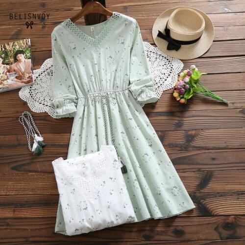 Spring Floral Printed Women Dress V-neck Elegant White Green Vestidos Mujer Autumn Mori Girl Cotton Linen Tassel Kawaii Dress