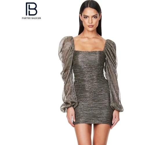 PB Stylish High Waist Draped Design Mini Dress Square Collar Long Sleeves Celebrity Party Club Free Shipping