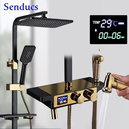 Senducs RoHS certification White Gold Bathroom Digital Shower Set Thermostatic Shower System Rainfall Digital Bath Shower Set