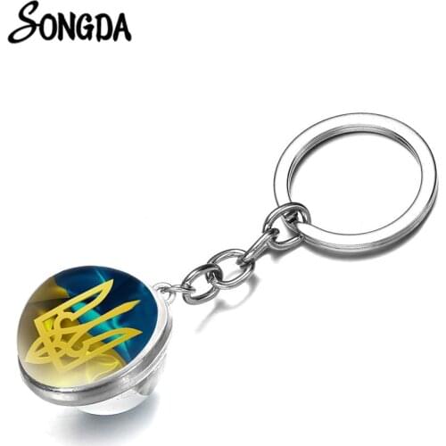 Vintage Tryzub Ukraine Key Chain for Gift Handmade Art Picture Double Side Glass Ball Zinc Alloy Key Chain Ring Holder Trinkets