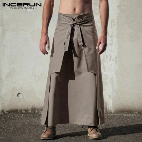 INCERUN Mens Skirts Solid Color Retro Streetwear High Waist Irregular Bottoms Skirt Stylish Mens Vintage Skirts 2020 Plus Size