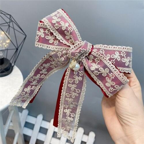 Korean Embroidery Flower Ribbon Barrette Hair Clips for Women Girl Bow Hairpins Fabric Hair Bows Daily Casual Hair Accessories