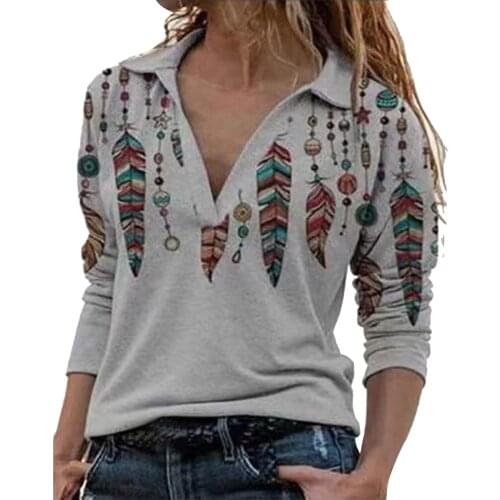 40# Vintage Feathers Women Blouse Fashion Lapel Patchwork Retro Print Long Sleeves Shirt Blouse Tops Elegent Streetwear Shirts