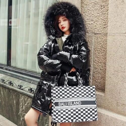 Winter 2019 new style bright surface down jacket female long style Korean version lady clothes big collar fashion hooded coat