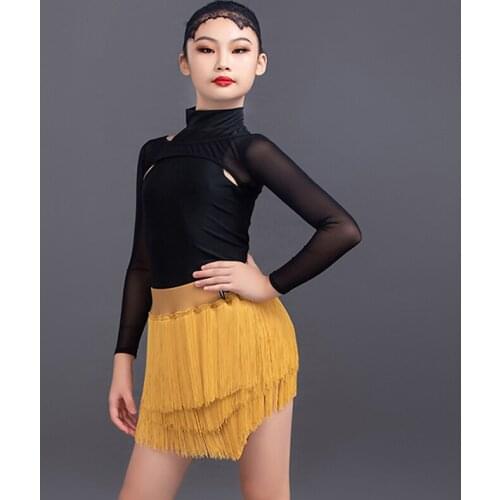 Girls Latin Dance Clothes Samba Dress Long Sleeves Tops+Fringe Skirt Chacha Rumba Dance Practice Perform Four Pieces Set