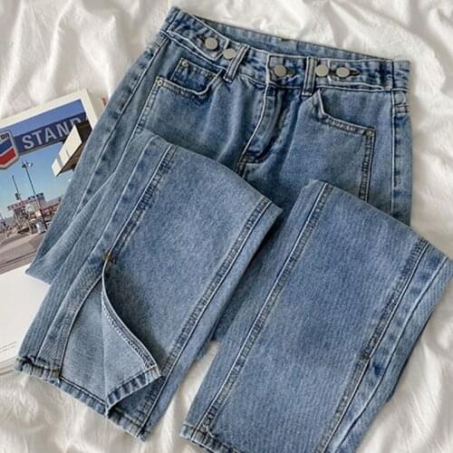 Spring Autumn 2021 Split Jeans Stretch Elastic High Waist Denim Trousers Korean Vintage Women Streetwear Denim Pants Pencil Lady