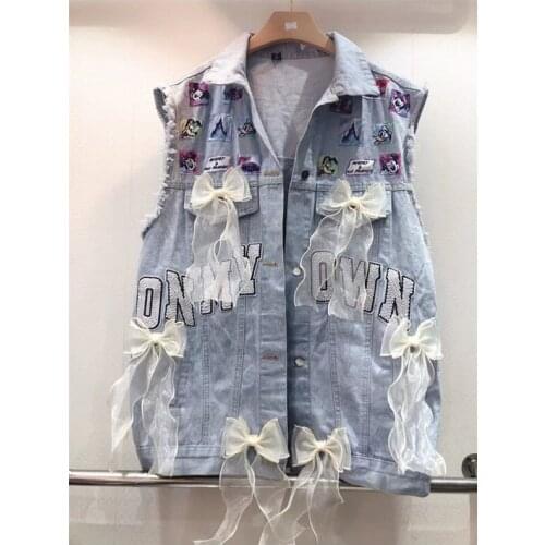 2021 Spring Cartoon denim vest womens yarn bow sleeveless cardigan jacket Y758