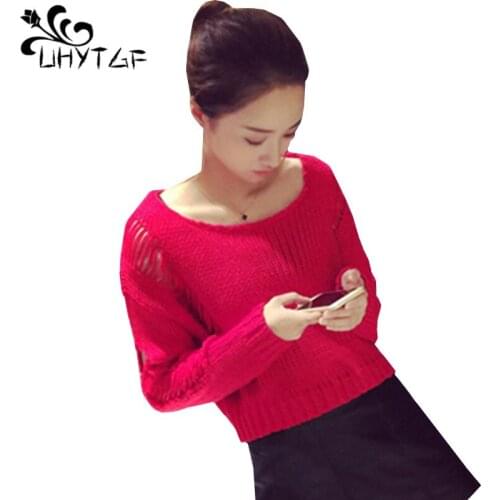 UHYTGF sueter mujer Autumn Short Sweater Women Harajuku Hole Hollow Out Sexy Sweater Female Befree Sweater Knitting Pullover 555