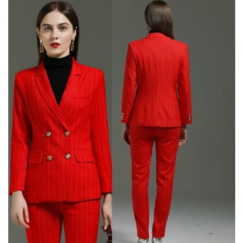 Red stripe double breasted British suit buissness casual womens jacket and pants set professional womens work clothes