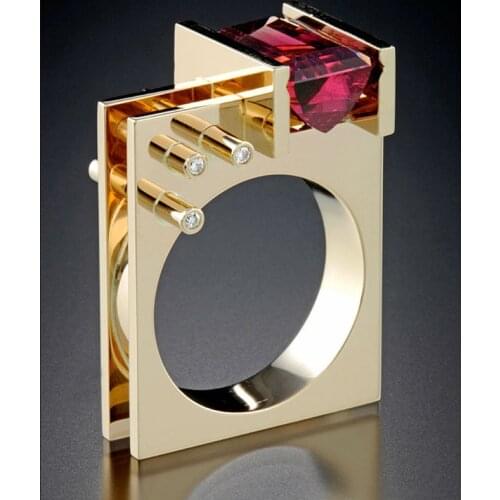 Unique Style Female Crystal Red Zircon Stone Ring Luxury Fashion Yellow Gold Wedding Rings Promise Engagement Rings For Women